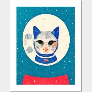 Astronaut from the Past Cat Retro Poster Vintage Art Moon Wall Space Pink Illustration Posters and Art